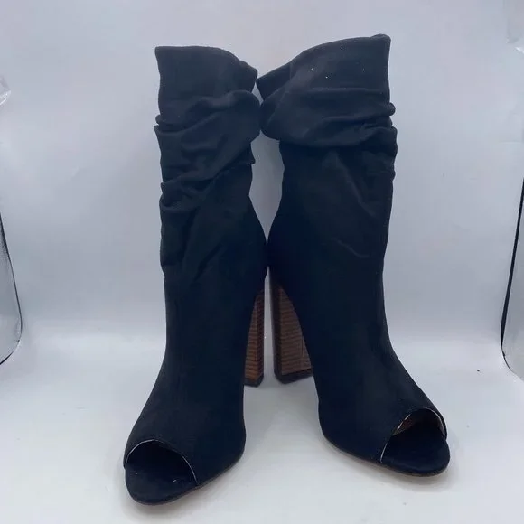 FSJ Black Stylish Peep Toe Slouch Chunky Stacked Heels Ankle Boots - Picture 2 of 13